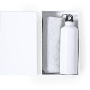 A white drink bottle and a white towel in a rectangular white box, featuring a simple design.