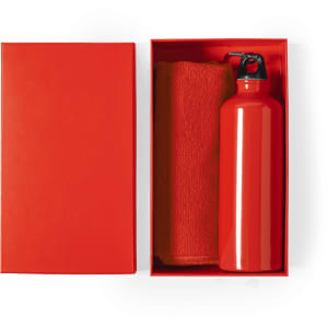 A red drink bottle and a red towel neatly packaged in a matching red box. The box has a logo on the interior.
