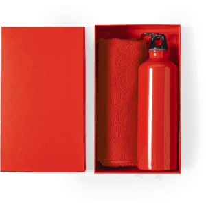 A red drink bottle and towel inside a matching red box, with a logo on the bottle.