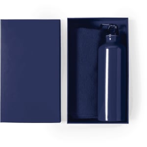 A navy blue drink bottle and a matching towel in a sleek box. The box has a logo on the inside.