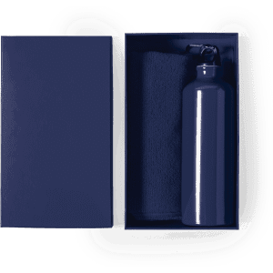 A drink bottle and a towel in a navy blue box, featuring a logo on the bottle.