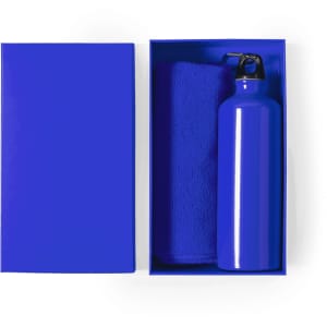 A blue drink bottle and a blue towel presented in a matching box. The packaging features a logo.