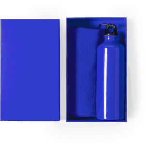 A blue drink bottle and a blue towel are presented in a matching box. The set includes a logo on the bottle.