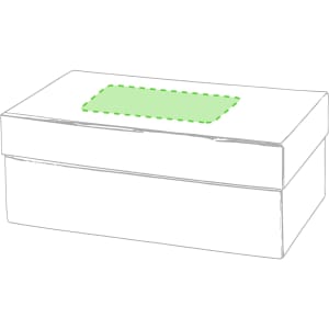 A rectangular white box with a green, rectangular opening on the top and a separate lid. It has branding on the side.