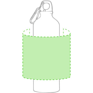 A drink bottle with a green sleeve and a clip for attachment, featuring a simple design.