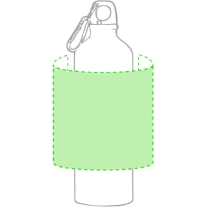 A drink bottle in silver with a green sleeve and a carabiner clip attached. It features a logo.