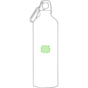 A drink bottle with a metal body and a secure lid, featuring a detachable carabiner and a green logo area.