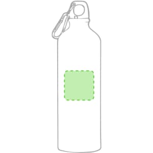 A drink bottle in a sleek design, featuring a green rectangular area and a metal clasp for easy carrying.
