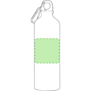 A green drink bottle with a logo, featuring a carabiner clip for easy attachment.