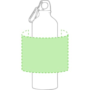 A drink bottle with a green sleeve around its middle, featuring a carabiner clip at the top and a logo.