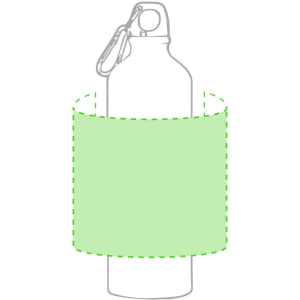 A drink bottle with a green sleeve and a carabiner clip, featuring a logo.