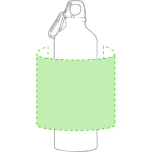 A drink bottle in silver with a mint green sleeve and a carabiner attachment. Features a logo on the surface.