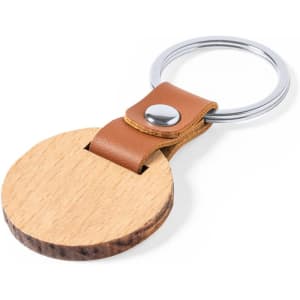 A wooden keyring with a brown leather strap and a silver metal ring.