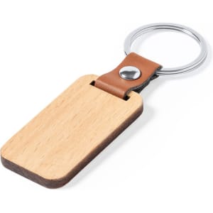 A wooden keyring featuring a natural finish and a brown leather strap with a metal ring attachment.