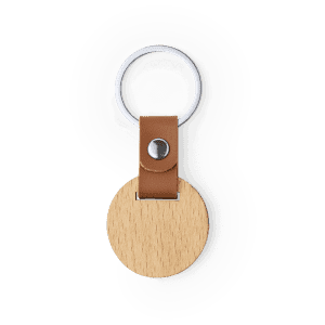 A wooden keyring with a round natural wood disc and a tan leather attachment, secured with a metal ring.