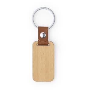 A wooden keyring with a brown leather strap and a metal ring. It has a smooth, natural wood finish.