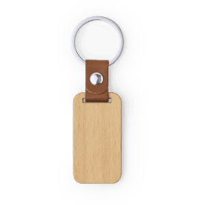 A wooden rectangle keyring with a metal ring and brown leather strap. Features a simple and elegant design.
