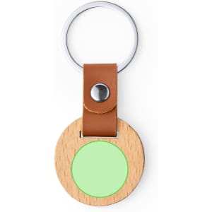 A wooden keyring with a green circular insert and a brown leather strap, featuring a metal keyring attachment.