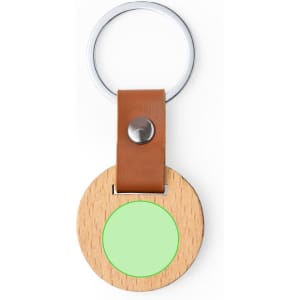 A round wooden keyring with a green circular centre and a brown leather strap, featuring a metal keyring attachment.