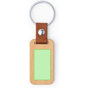 A wooden keyring with a green rectangular insert and a brown leather strap, featuring a metal ring.