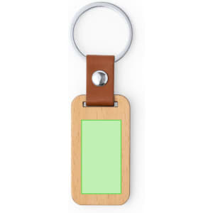 A wooden keyring with a green rectangular insert and a brown leather strap, featuring a metal ring for keys.