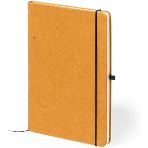 A yellow notepad with a black elastic band closure and a bookmark ribbon, featuring a textured cover.