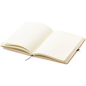 An open notepad with cream-coloured lined pages and a tan cover, featuring a black ribbon bookmark.