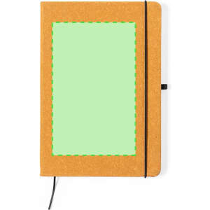 A brown notepad with a green blank space on the cover, secured with a black elastic band.