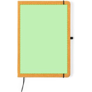 A green notepad with a brown cover and black elastic closure, featuring a logo on the front.