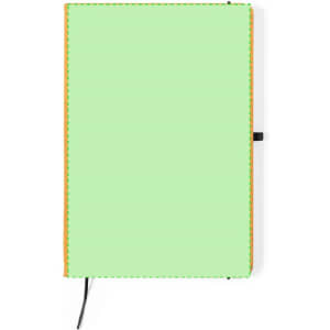 A green notepad with orange stitching and a black ribbon bookmark, featuring a logo on the cover.