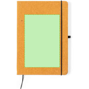 A brown notepad with a textured cover, featuring a green bordered area and a black elastic band closure.