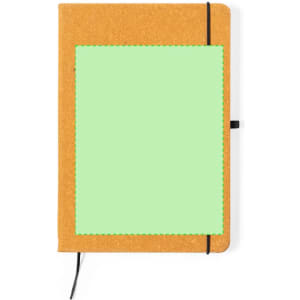 A brown notepad with a green section on the front, featuring a black elastic band closure. It has a logo on the front.