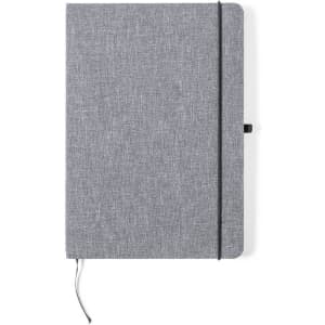 A grey notepad with a textured cover, featuring an elastic band closure and a black bookmark.