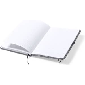 A grey notepad with a textured cover, featuring lined pages and an elastic closure.