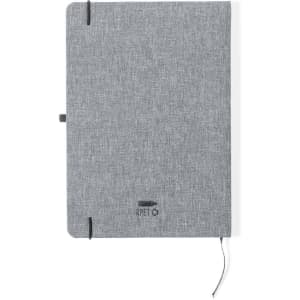 A grey notepad with a textured cover, a ribbon bookmark, and an elastic closure. It features a logo on the front.