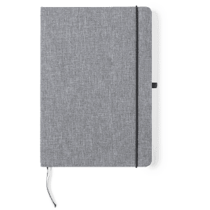 A grey notepad with a textured cover, elastic closure, and a ribbon marker. It features a logo on the cover.