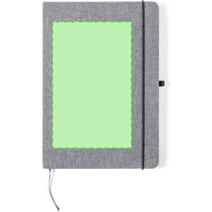 A grey notepad with a textured cover and a green rectangular section, featuring an elastic closure and ribbon bookmark.
