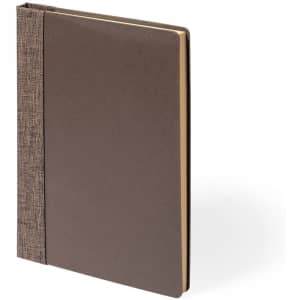 A brown notepad with a textured cover, featuring a woven fabric spine and golden edges.