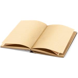 An open notepad with lined pages, featuring a brown cover and beige paper. It has a logo on the cover.