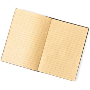 A notepad with lined pages and a brown cover, featuring an open layout with beige-toned paper.