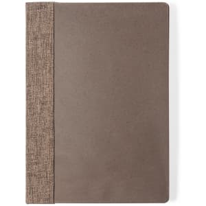 A notepad featuring a textured brown cover with a cloth-like spine and a smooth surface.