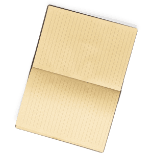 A notepad with lined pages, featuring a brown cover and a minimalist design. It has an interior in a light cream colour.