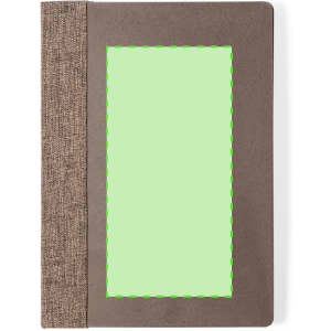 A brown notepad with a textured cover and a rectangular green window. It features a logo on the front.