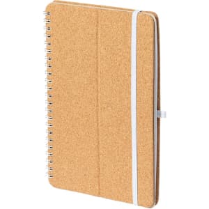 A cork notebook with a spiral binding and a white elastic strap, featuring a minimalist design.