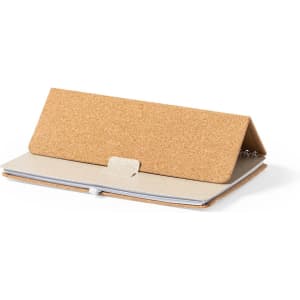 A cork-covered holder notebook in tan, featuring an open design with a light-coloured interior and a closure.