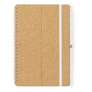 A cork-covered notebook with a spiral binding and a white elastic band. It features a plain surface and a branding logo.