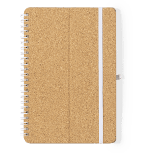 A cork-covered spiral notebook with a white elastic band. It features a simple, natural design.