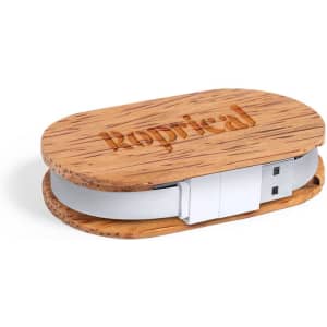 A wooden USB hub with a light-coloured USB connector, featuring a natural finish and a logo.