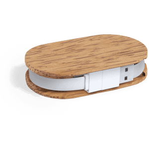 A wooden USB hub with a white cord, featuring a sleek, oval design and a simple logo.
