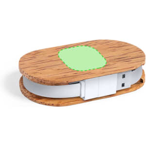 A wooden USB hub with a green accent, featuring a compact oval design and retractable white cables.